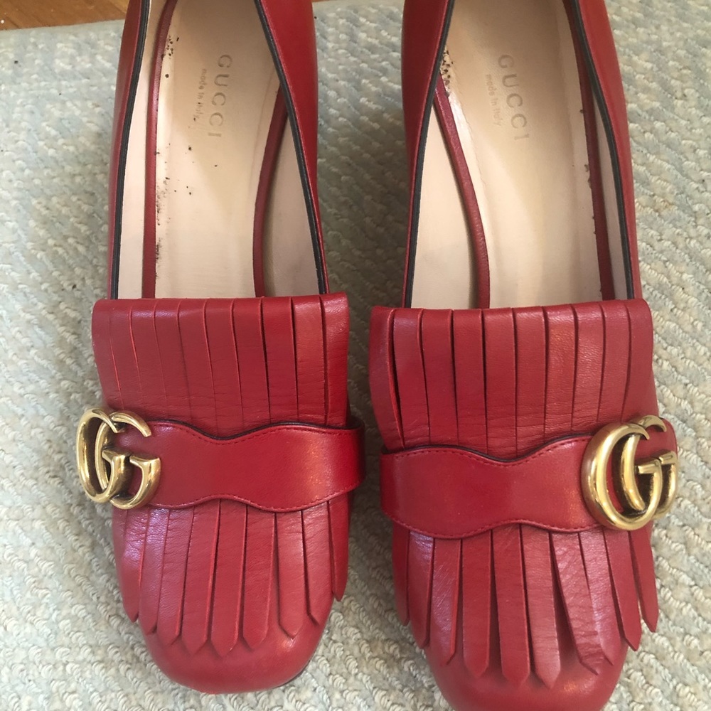 GUCCI RED GG MARMONT mid- loafer 2” heel
